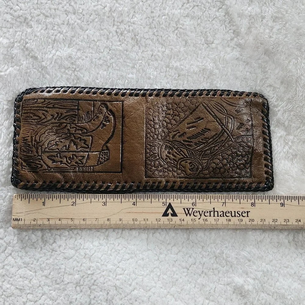 Vtg Hand Tooled Leather Braided Edge Bifold Wallet Western/Cowboy-Horse & Boots
